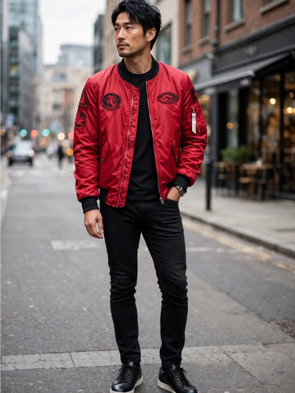 American Stitch Red Bomber Jacket with Black Collar and Orange Lining